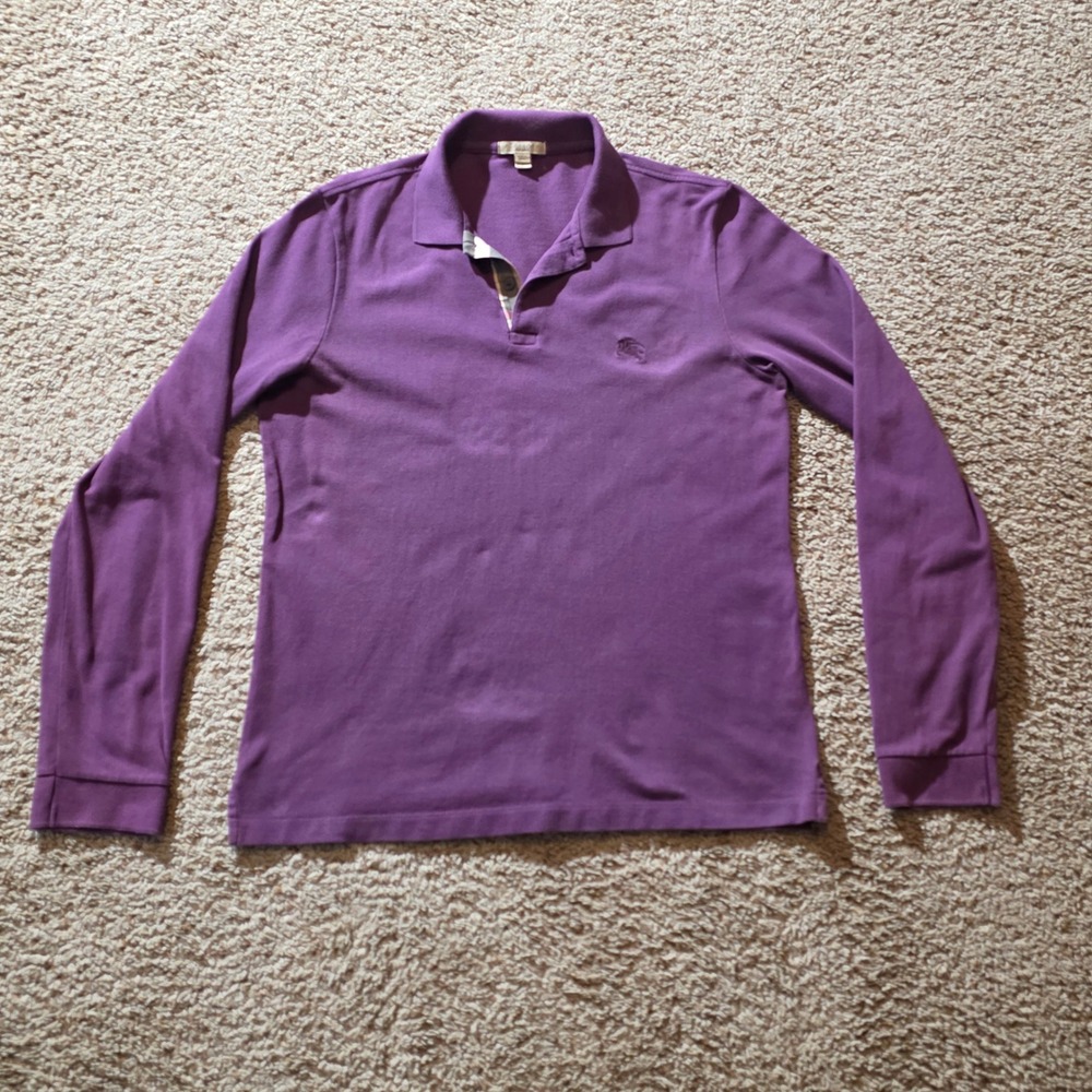 Burberry Brit Mens Long Sleeve Polo Shirt Purple Cotton Pique Size M Nova Check